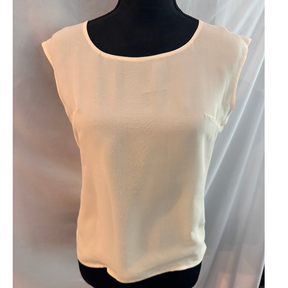 Womens Sleeveless Cream Blouse Round Neck Side Zip Keyhole Back Top